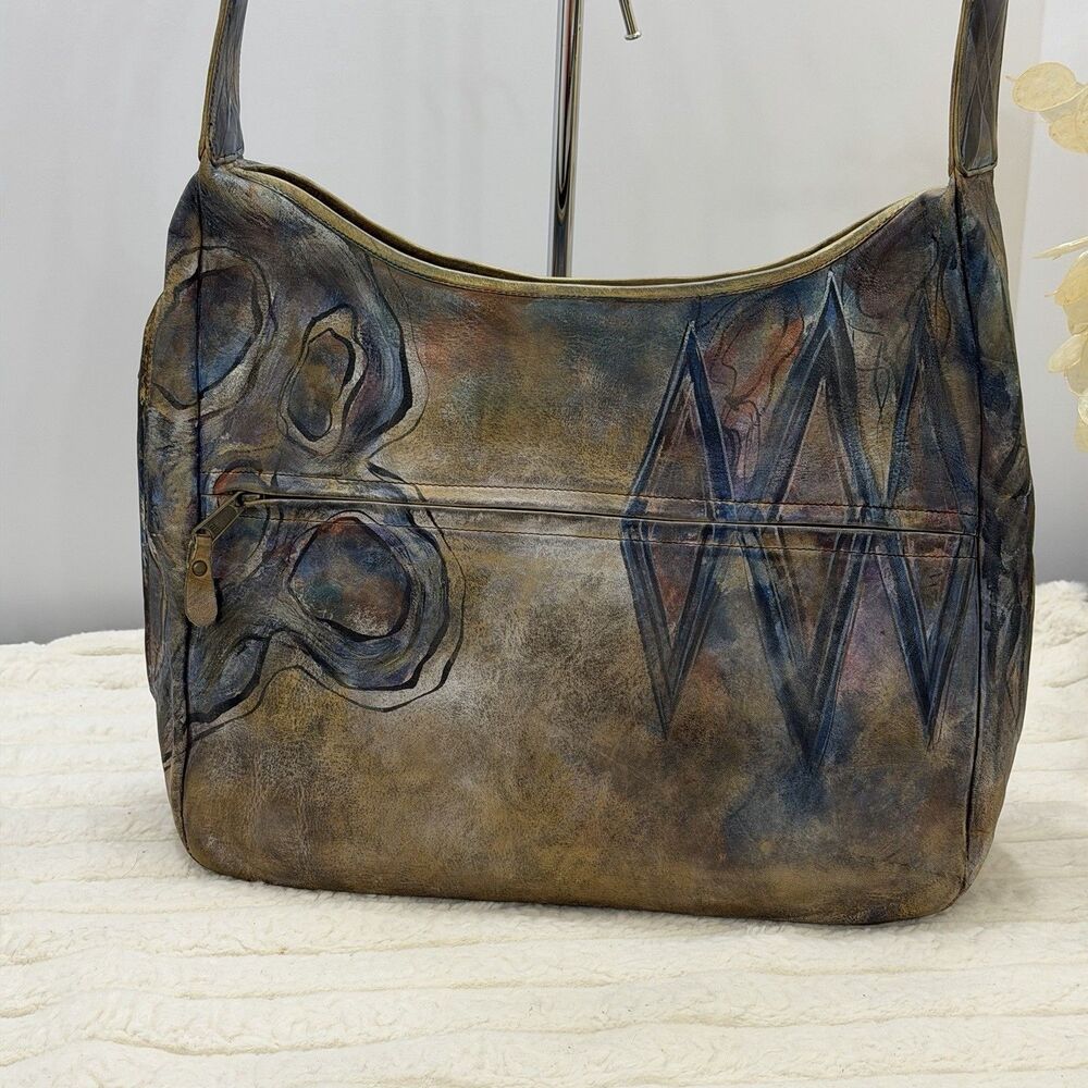 Vintage Jane Yoo Large Hand-Painted Leather Shoulder Bag 16” Wearable Art Signed